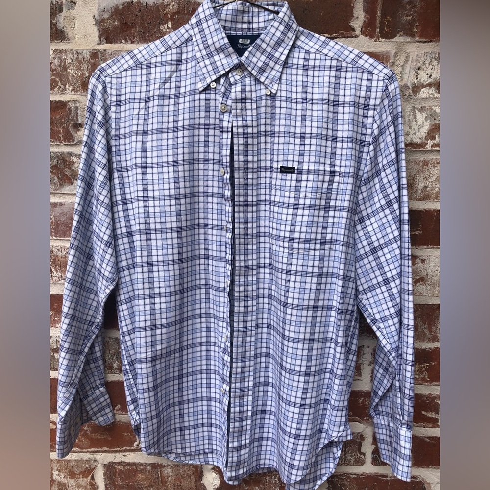 Size Medium, Faconnable button shirt, with blue checked patterns. EUC